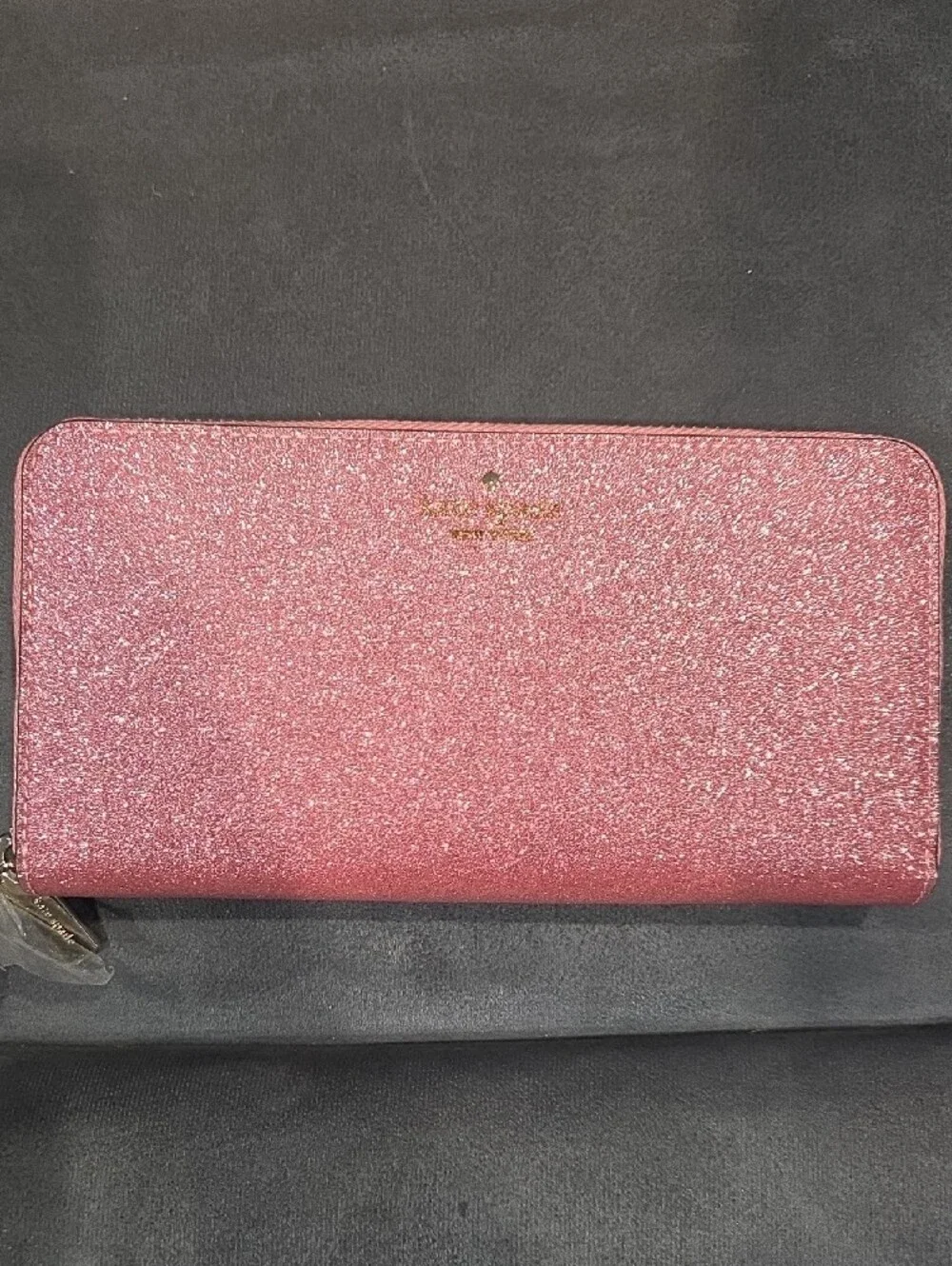 kate spade Pink Glitter Zip Wallet with Gold Logo Large Continental Wallet NWOT